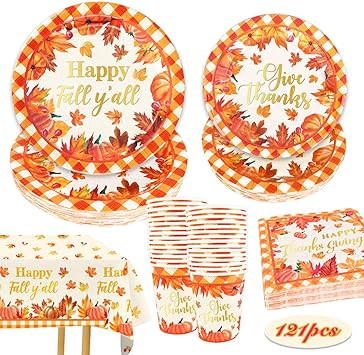 Thanksgiving Party Decorations Fall y'all Disposable Tableware Set with Maple Leaves Pumpkins Pap... | Amazon (US)