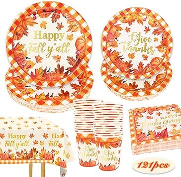 Thanksgiving Party Decorations Fall y'all Disposable Tableware Set with Maple Leaves Pumpkins Pap... | Amazon (US)
