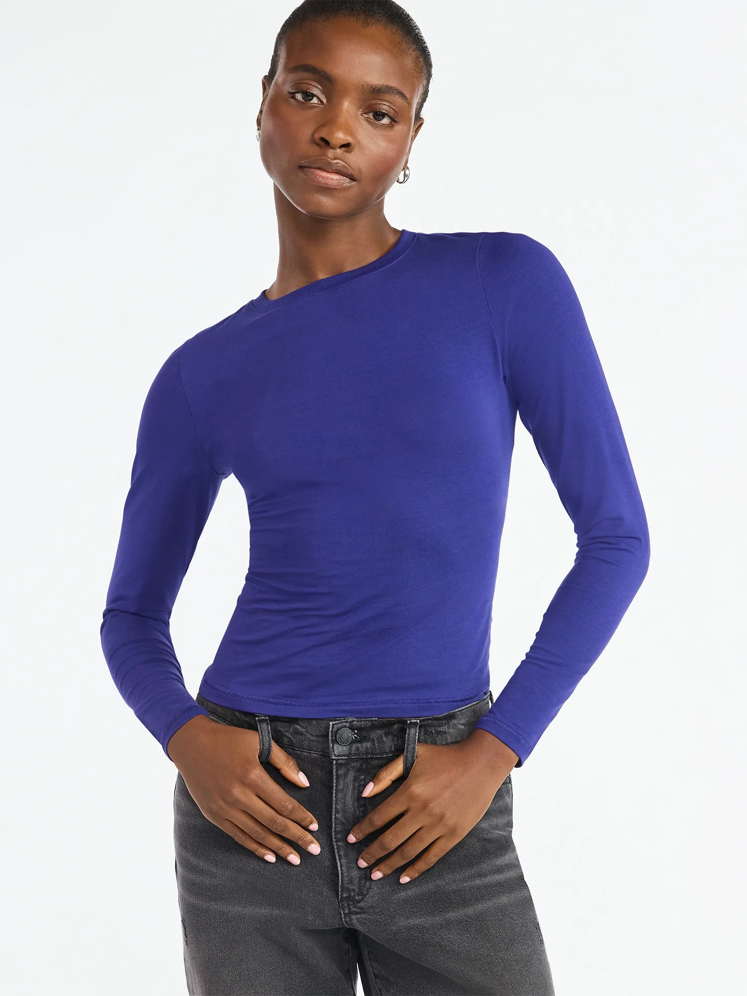 Scoop Women’s Stretch Cotton Blend Crewneck Tee with Long Sleeves, Sizes XS-XXL | Walmart (US)