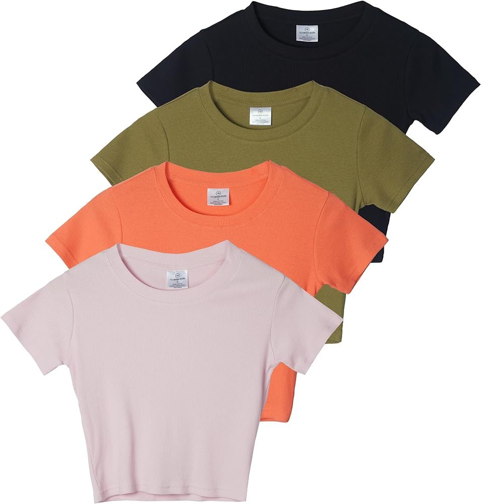 Real Essentials 4-Pack: Women's Short Sleeve Ribbed Knit Cotton Crew Neck Crop Top T-Shirt - (Ava... | Amazon (US)