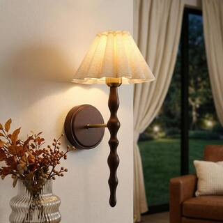 BYBLIGHT 18.4 in. 1-Light Vintage Faux Wood Grain Metal Wall Sconce with Linen Fabric Shade for L... | The Home Depot