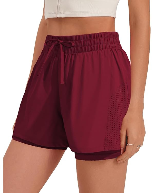 PINSPARK Athletic Shorts for Women 2 in 1 Workout Shorts High Waisted Running Shorts Gym Quick Dr... | Amazon (US)