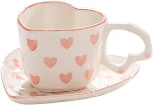 WAIT FLY Heart Shaped Ceramic Coffee Mug Set with Saucer, Tea Cup, Breakfast Cup, Dessert Plate-P... | Amazon (US)