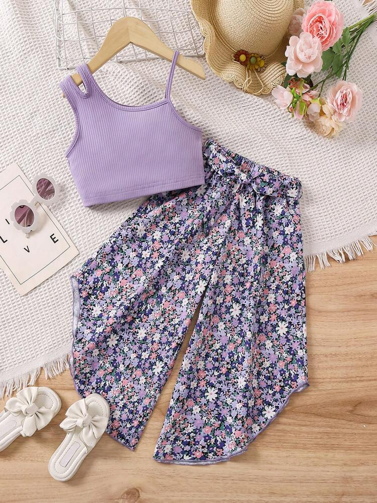 SHEIN Young Girl Solid Color Top & Printed Wide Leg Pants Set | SHEIN