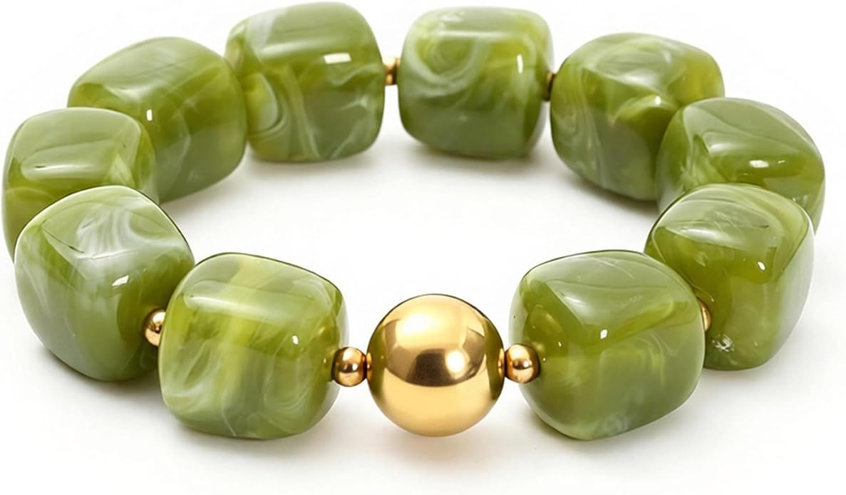 Chunky Cube Beaded Stretch Bracelet for Women Marble Pattern Acrylic Elastic Bangle with Gold Bea... | Amazon (US)