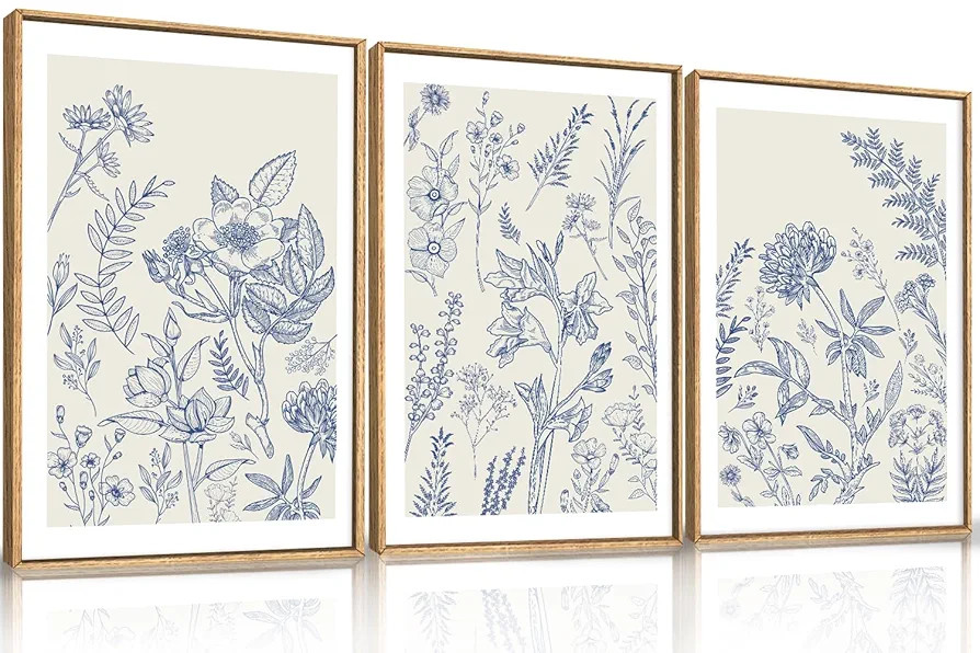 HPINUB Classic Chinoiserie Floral Framed Canvas Wall Art Set,Watercolor Blue and White Botanical ... | Amazon (US)