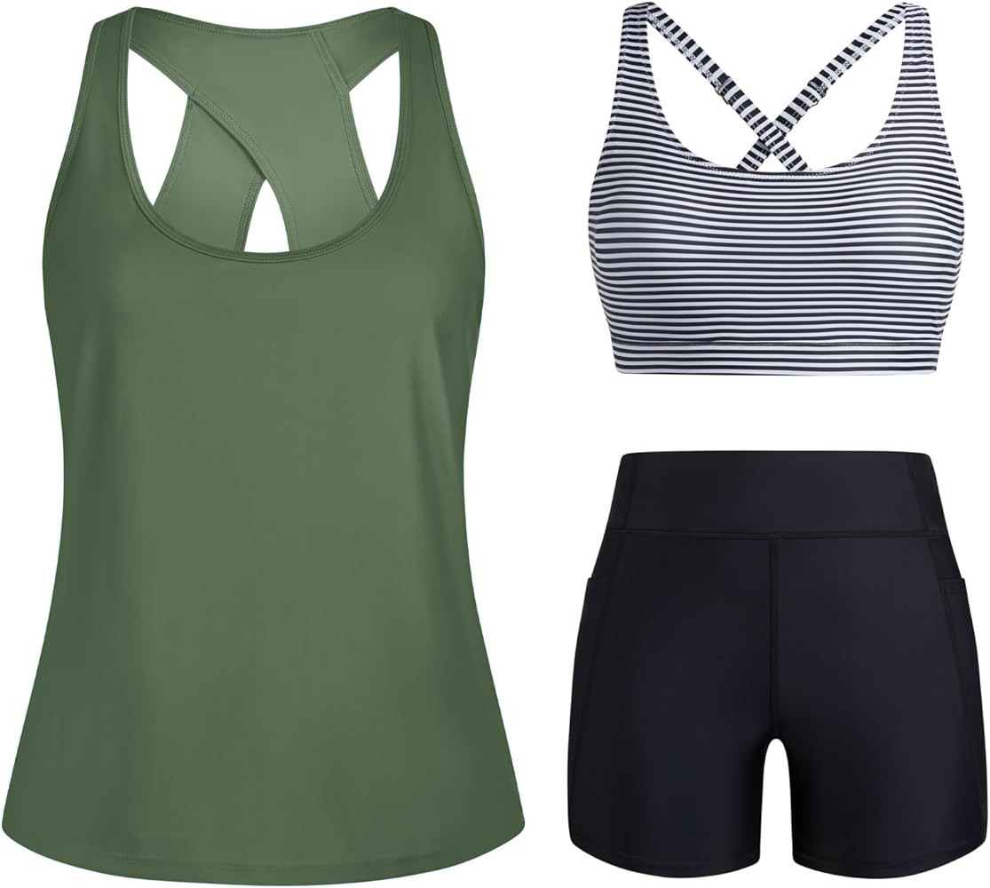 HUSKARY 3 Piece Tankini Swimsuits for Women Swim Tank Top with Bra and High Waist Boy Shorts with... | Amazon (CA)