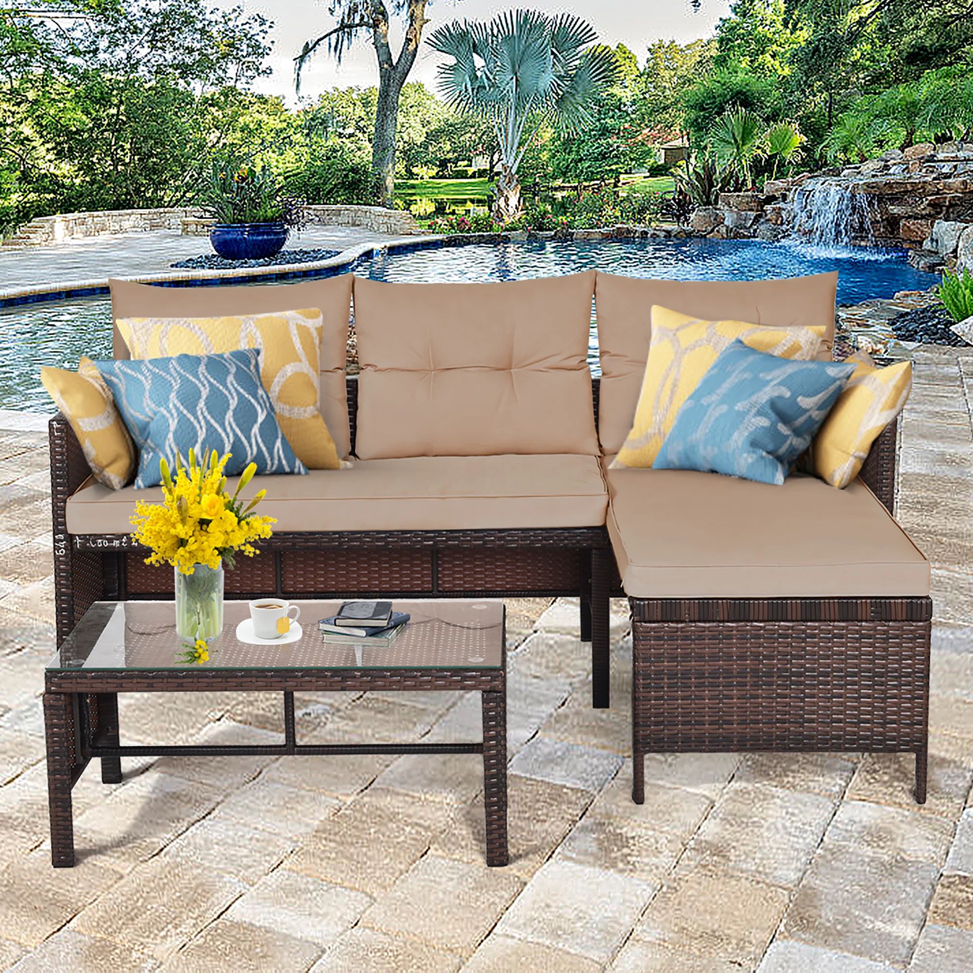 Costway 3PCS Patio Wicker Rattan Sofa Set Outdoor Sectional Conversation Set Garden Lawn | Walmart (US)