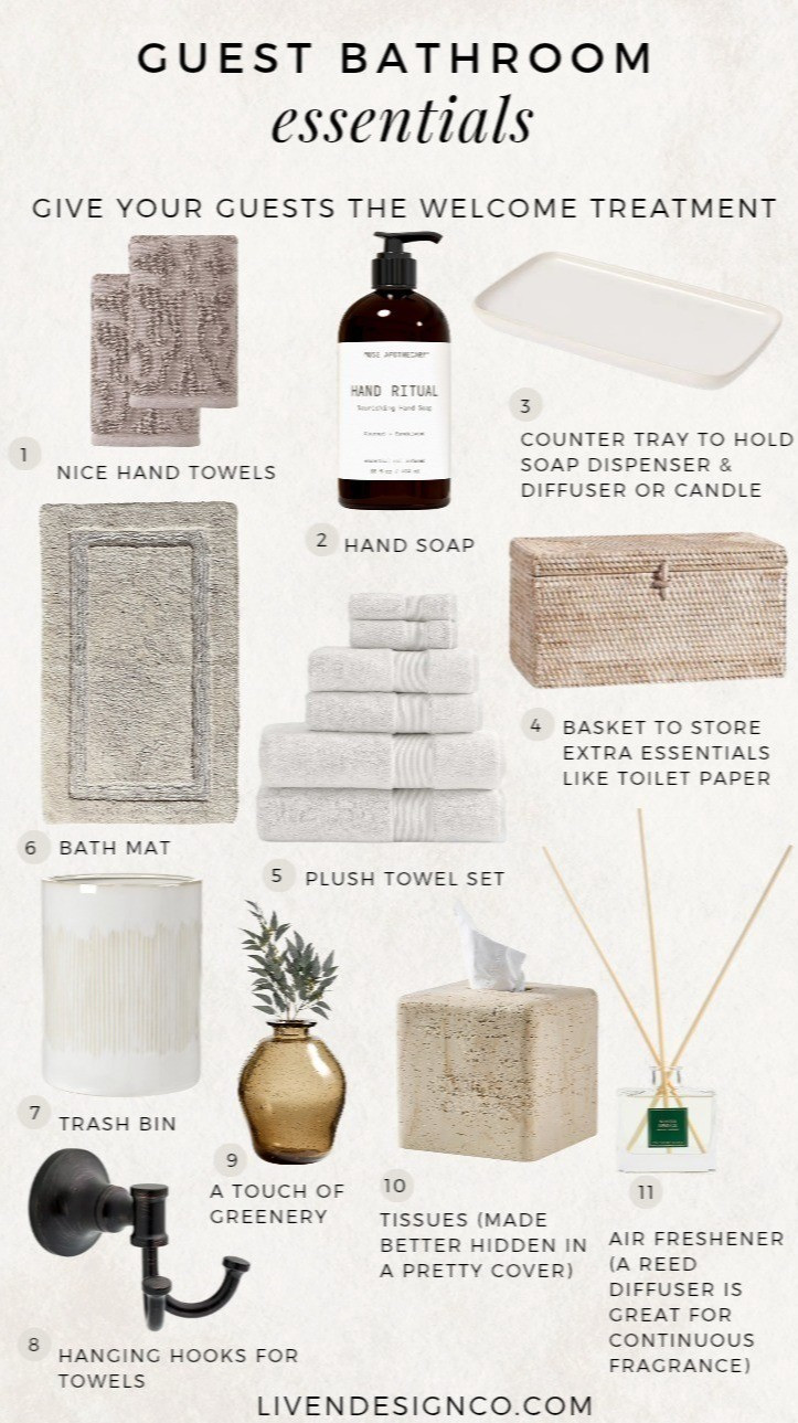 Guest bathroom essentials. Hand soap. Bath towel set. Bath mat. Vanity tray. Vase. Hand towels. Towel hook. Reed Diffuser. Bathroom storage. Wastebasket. 

#LTKSeasonal #LTKHome #LTKSaleAlert