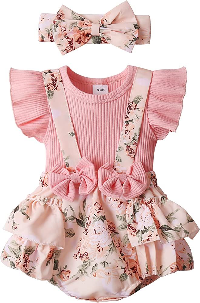Newborn Baby Girl Clothes Infant Romper Floral Suspender Dress Ruffle Sleeve Onesie Outfit Jumpsuit  | Amazon (US)
