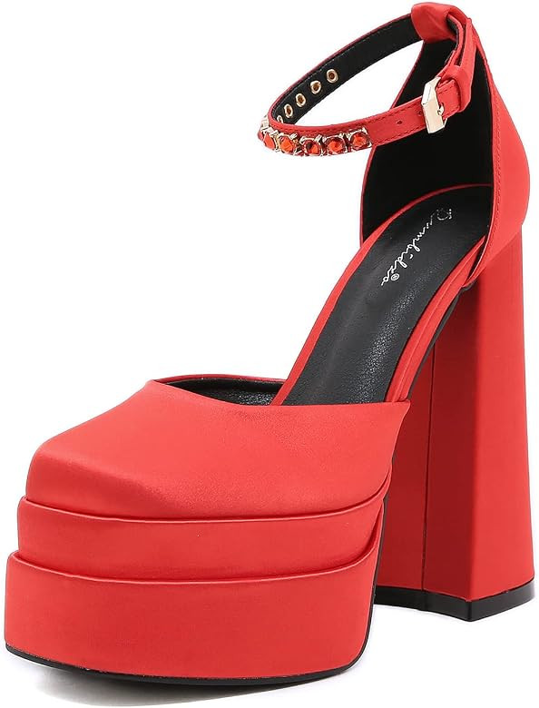 STUPMARY Womens Platform Chunky High Block Heels Ankle Strap Buckles Satin Heels Pumps Fashion Dr... | Amazon (US)