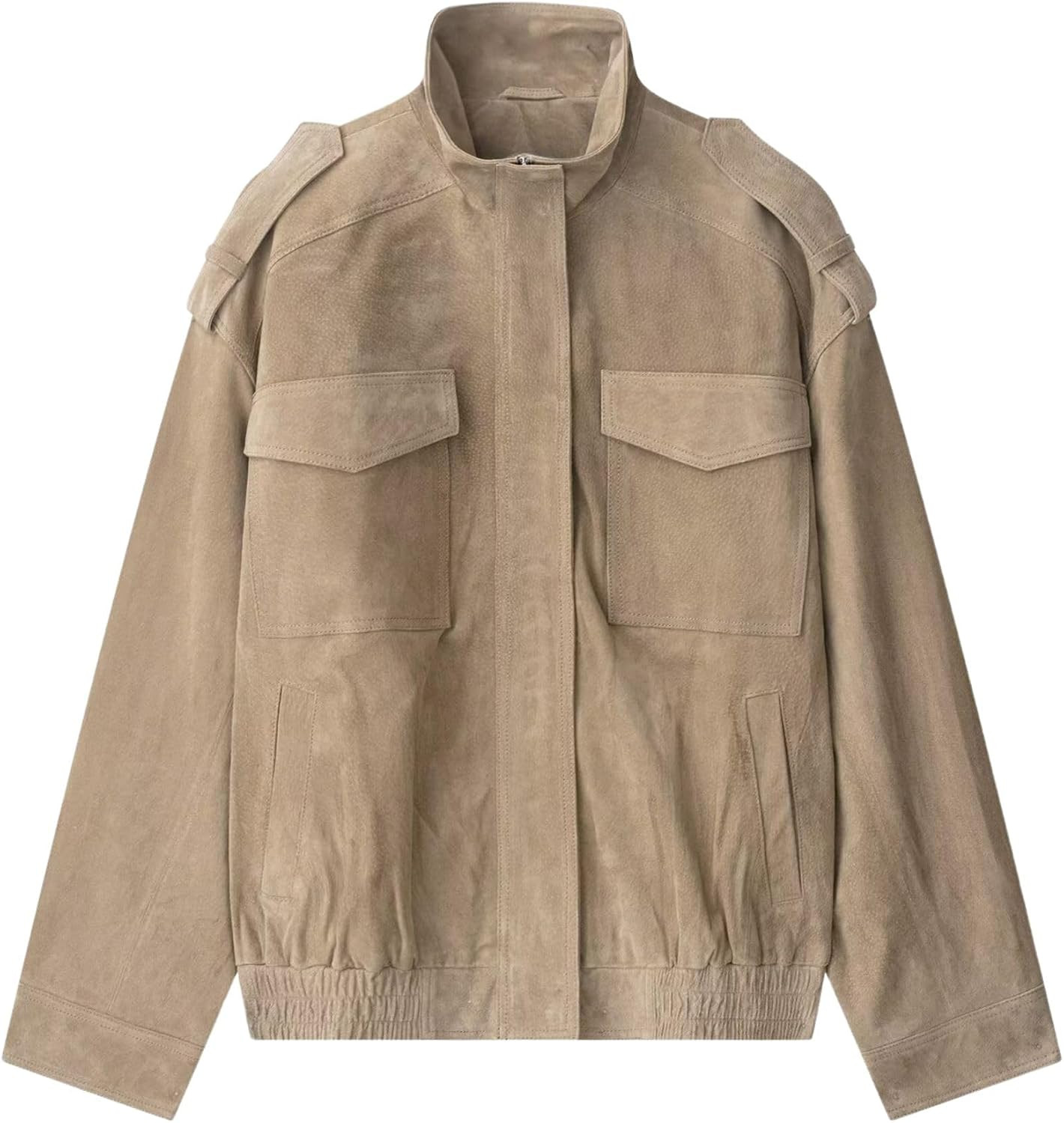 Women’s Suede Leather Jacket Vintage High Collar Long Sleeve Zip Up Oversized Outerwear Coat with Pockets | Amazon (US)