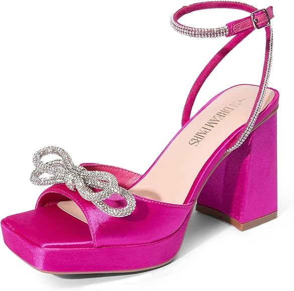 DREAM PAIRS Women's Double Bowknots Platform Chunky Heels Rhinestone High Square Toe Dress Sandal... | Amazon (US)