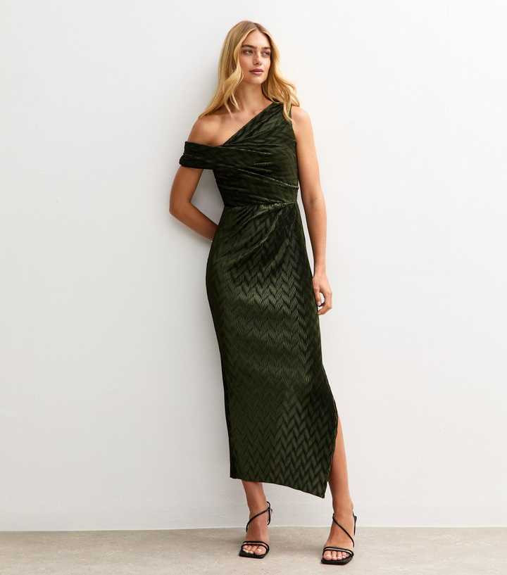 Khaki Textured One Shoulder Slit Hem Midi Dress | New Look | New Look (UK)
