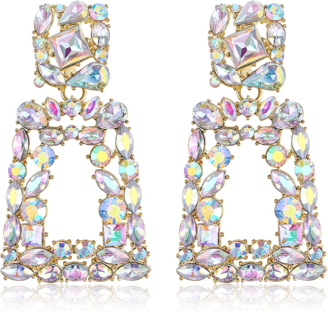 Flyonce Rectangle Dangle Earrings for Women, Rhinestone Crystal Geometric Statement Earrings | Amazon (US)