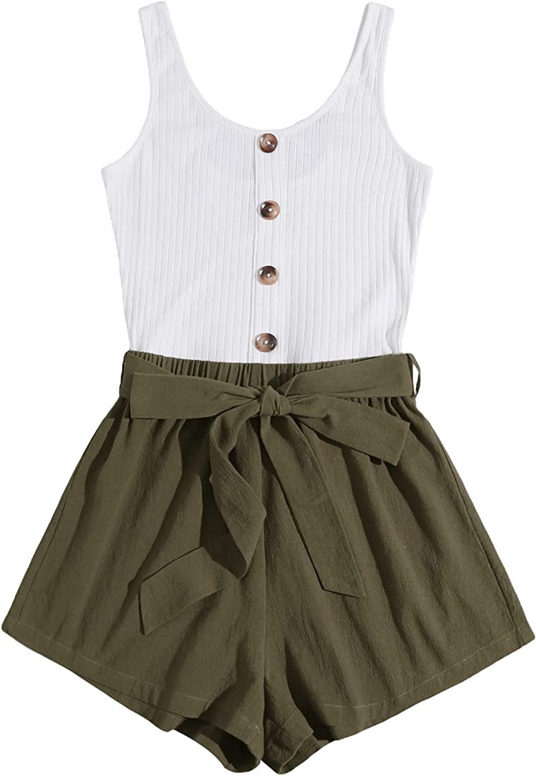 SOLY HUX Women's Summer Sleeveless Striped Belted Tank Romper Short Jumpsuit | Amazon (US)