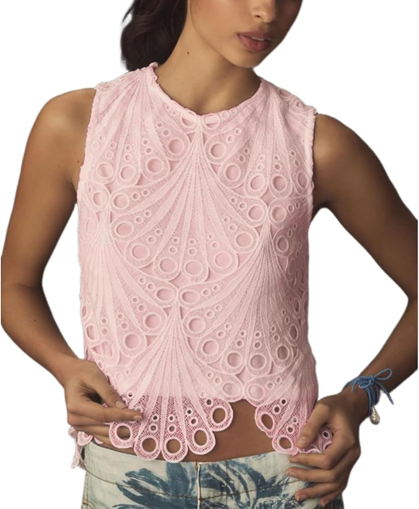 VAOYIU Women's Floral Embroidery Cropped Blouse Sleeveless Lace Tank Tops Elegant Crewneck Mesh S... | Amazon (US)