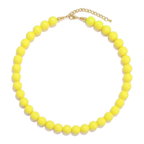 Yellow Beaded Necklace for Women, Chunky Solid Color Acrylic Round Ball Bead Strand Choker Statement Necklace, Vintage 80s 90s Aesthetic, Handmade Lightweight Beads, Fashion Jewelry for Everyday Party | Amazon (US)