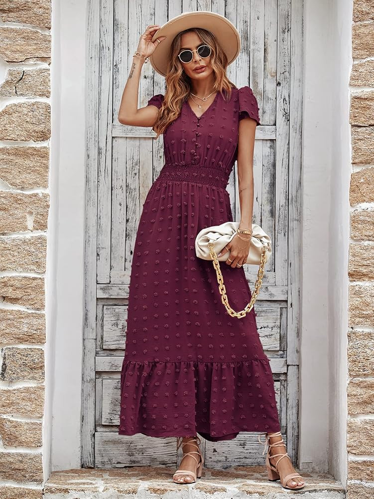 PRETTYGARDEN Women's Boho Dress Short Sleeve V Neck Swiss Dot Ruffle Tiered Maxi Dress Smocked Cockt | Amazon (US)