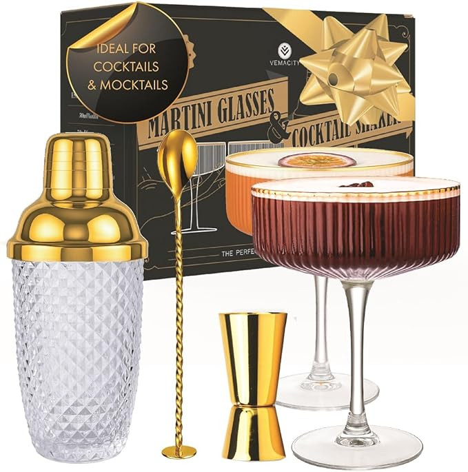 VEMACITY - Luxury Gold Cocktail Shaker Set - 15oz Glass Shaker with Strainer + 2 Gold-Rim Ribbed ... | Amazon (US)