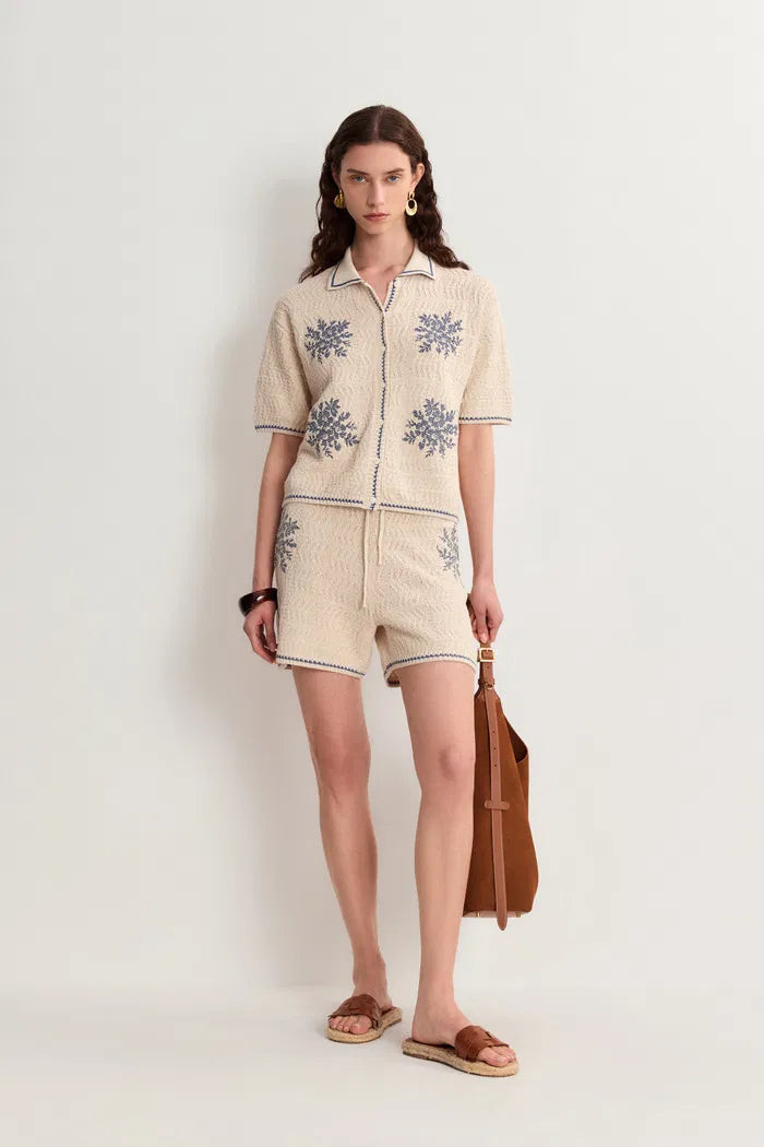 Gracia Embroidered Blue Flora Collared Top and Shorts Matching Set in | Fabrique
