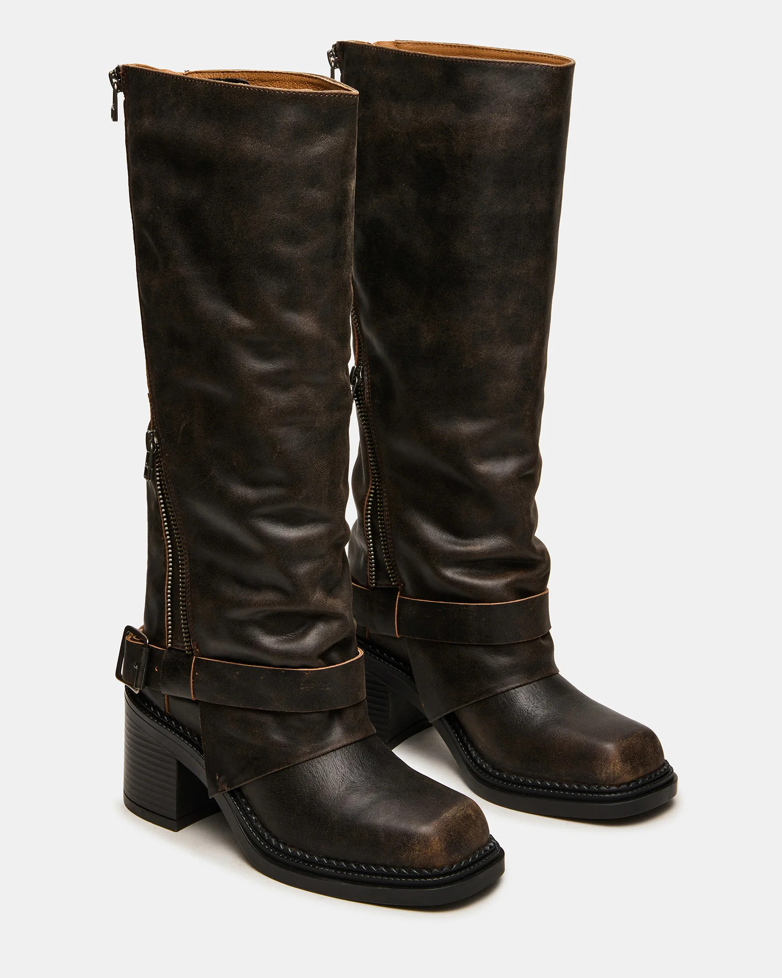 LOWERY Brown Distressed Square-Toe Knee-High Fold-Over Women's Boot | Steve Madden (US)