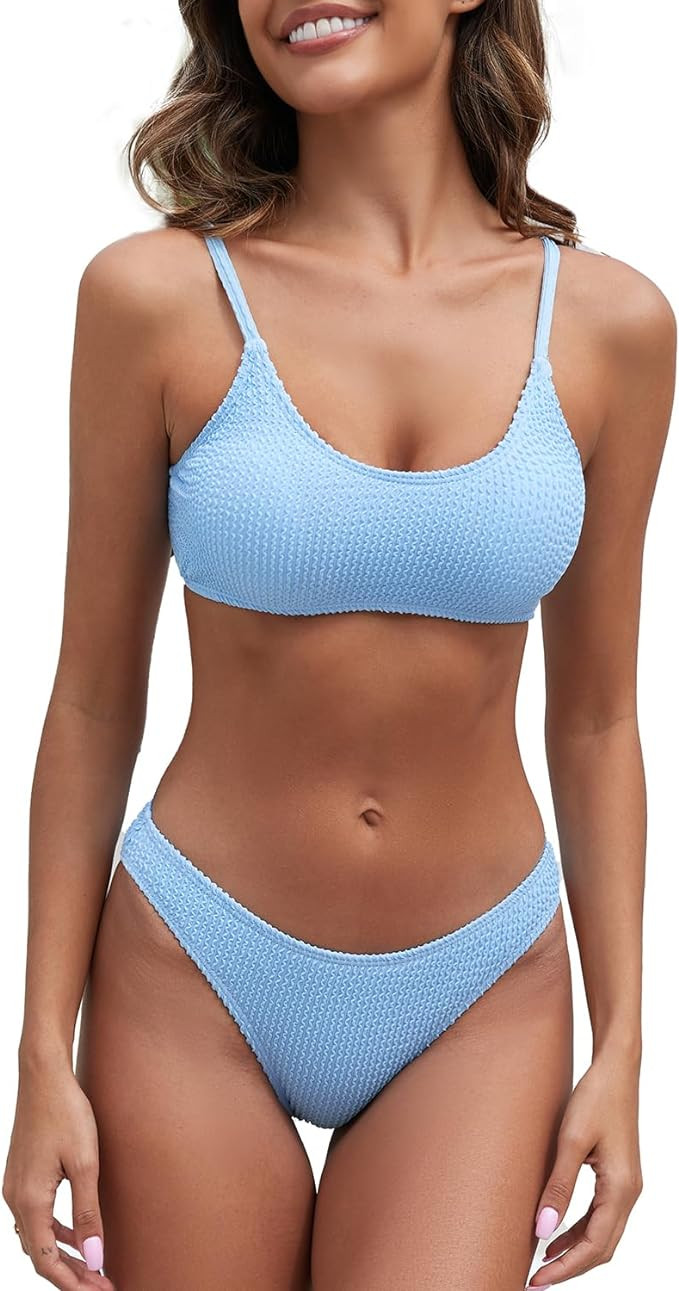 Women's Ribbed Bikini Sets Scoop Neck Cheeky Swimsuit Textured Two Piece Bathing Suit | Amazon (US)