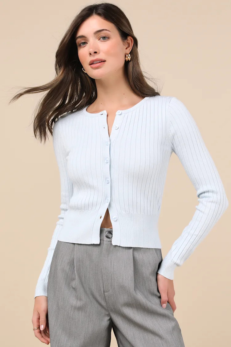Perfect Classic Light Blue Ribbed Knit Cardigan Sweater | Lulus