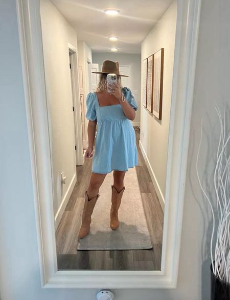 Denim babydoll dress and cowboy boots country concert look, rodeo outfit ideas, country concert outfits, festival outfit, festival look, spring dress, spring outfit, summer dress, date night outfit

#LTKFestival #LTKStyleTip #LTKMidsize
