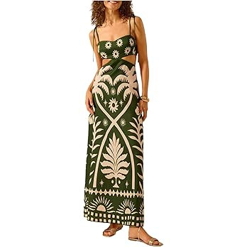 SOLY HUX Women's Summer Maxi Dress Boho Print Tie Shoulder Spaghetti Strap Cut Out Tie Back Cami ... | Amazon (US)