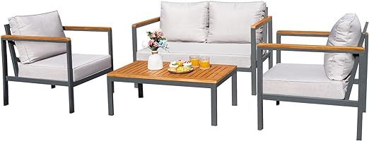 Greesum 4 Piece Furniture Patio Lounge Conversation Set Solid Wood Armrest & Table Top Anti-Drop ... | Amazon (US)