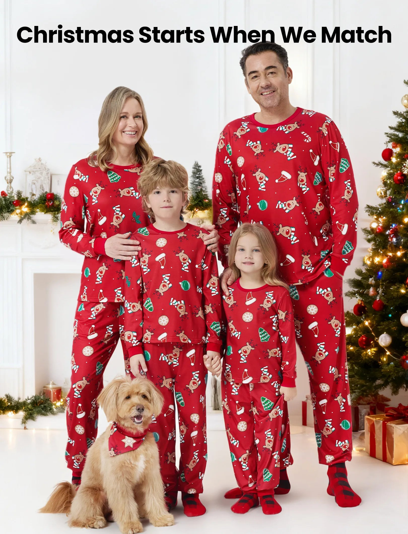 Christmas Matching Family Pajamas Set Cute Reindeer Print Long-sleeve Red PJS with Christmas Socks Red | PatPat