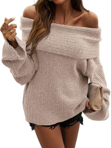LILLUSORY Womens Off The Shoulder Sweaters Oversized Ribbed Knitted Batwing Sleeve Fall Fashion Pullover Sexy Winter Clothes Apricot L | Amazon (US)