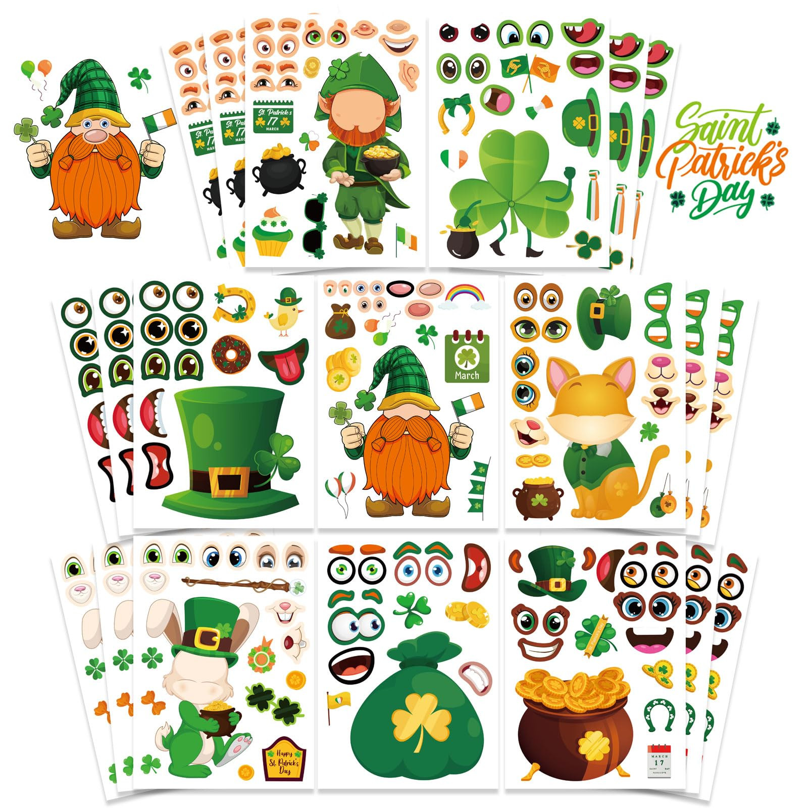 24 Sheets St. Patrick's Day Stickers, Make a Face Sticker for Kids Make Your Own Lucky Shamrock I... | Amazon (US)