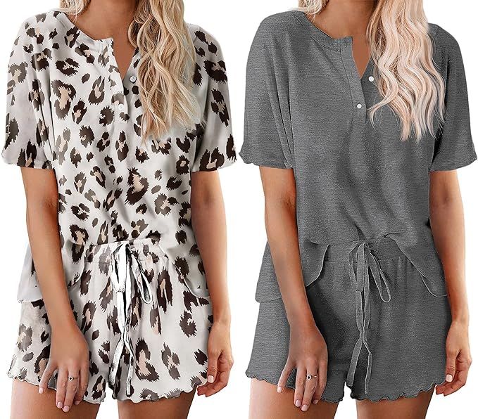 Ekouaer 2 Pack Womens Pajama Sets Short Sleeve Top with Shorts Soft Comfy Loungewear Sleepwear S-... | Amazon (US)