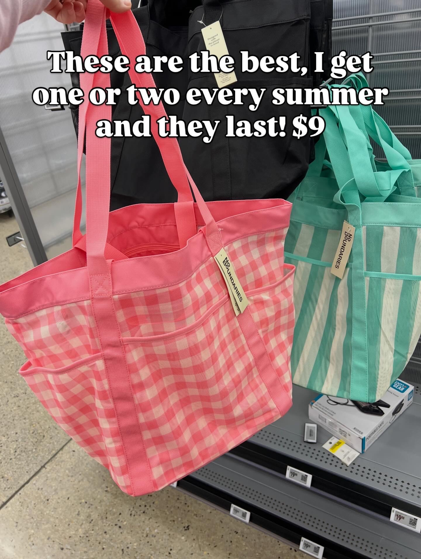 I love these Walmart mesh bags, they hold a lot, nice long straps, outer pockets, dry quickly and lots of colors! No complaints. They hold up great and I use mine daily in the summer. #walmartfinds 