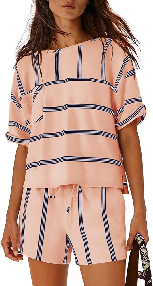 Nirovien Womens Striped Lounge Set 2 Piece Vacation Outfits Short Sleeve Tops and Drawstring Shor... | Amazon (US)