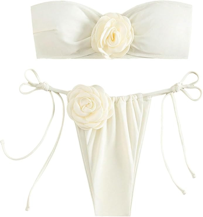 GORGLITTER Women's Strapless Floral Bikini Flower Bow Tie Side Bandeau Swimsuits High Cut Coquett... | Amazon (US)