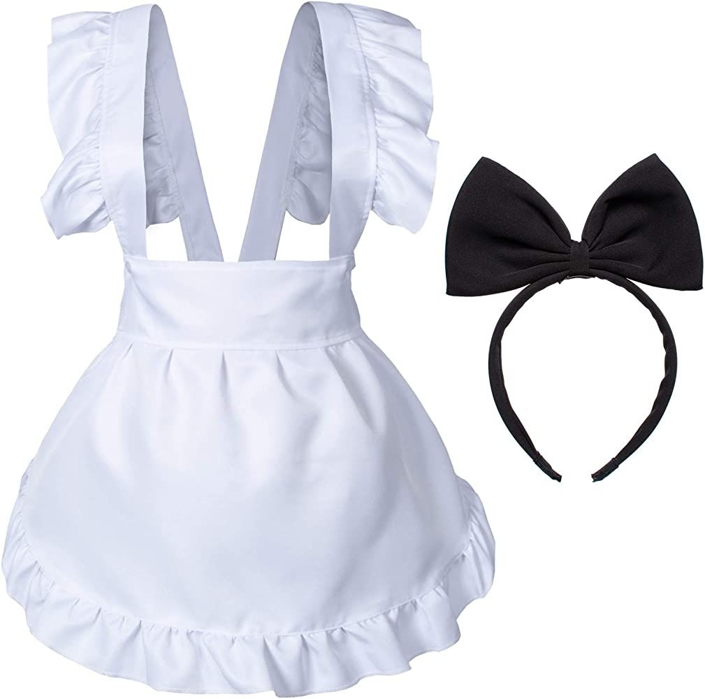 Fancy Cute White Retro Frilly Adorable Maid Waitress Aprons Vintage Costume Bow Headdress Gloves Set | Amazon (US)