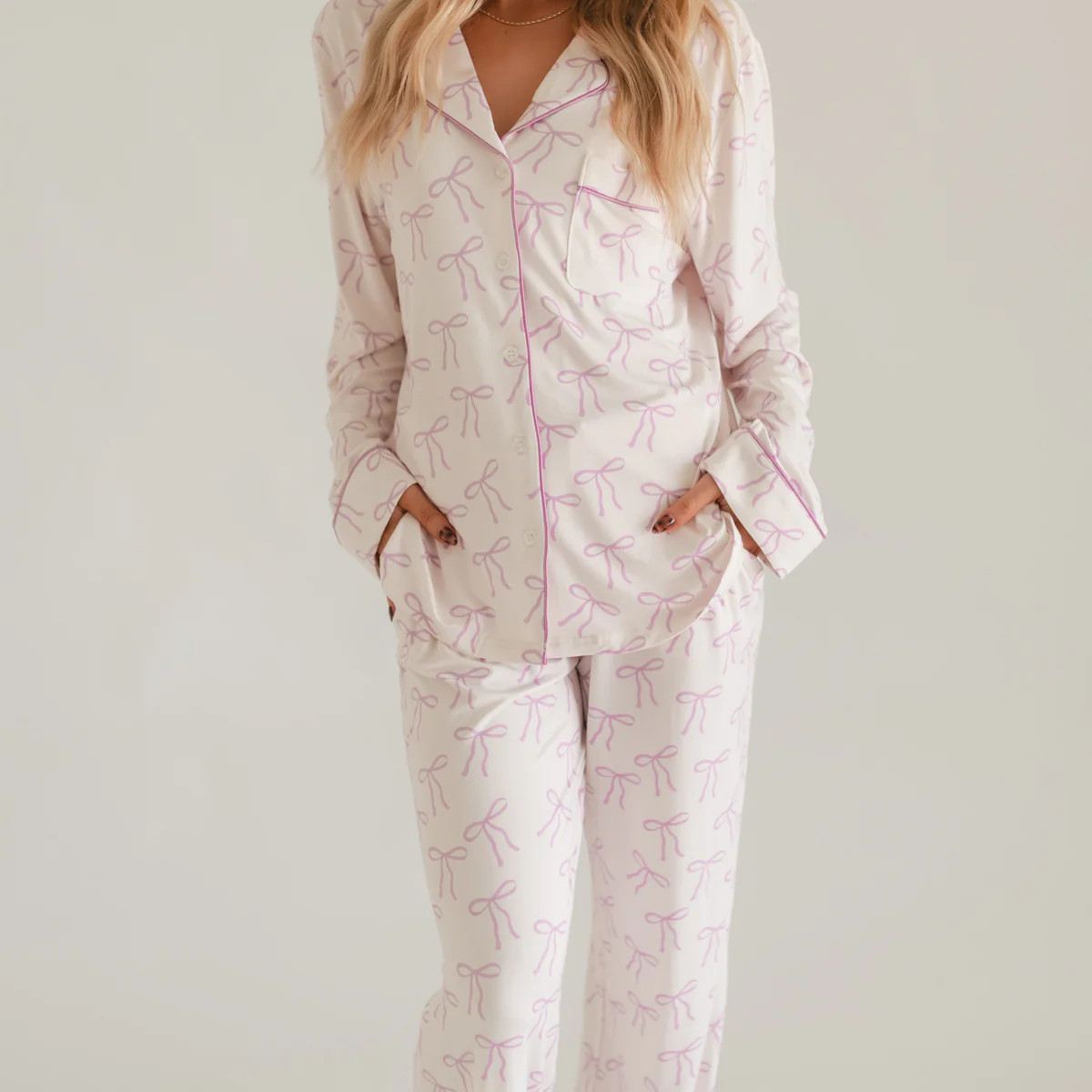 Women's Button Up Set In Purple Bows | Silks Design