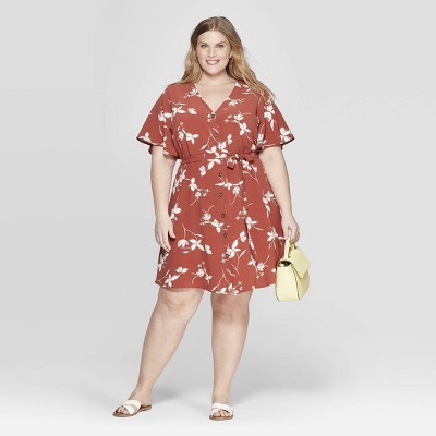 Women's Plus Size Floral Print Button Front Dress - Ava & Viv™ Brown | Target