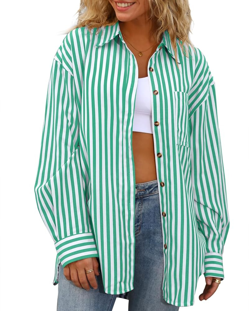 CHYRII Womens Striped Button Down Shirt Casual Long Sleeve Blouse Top | Amazon (US)