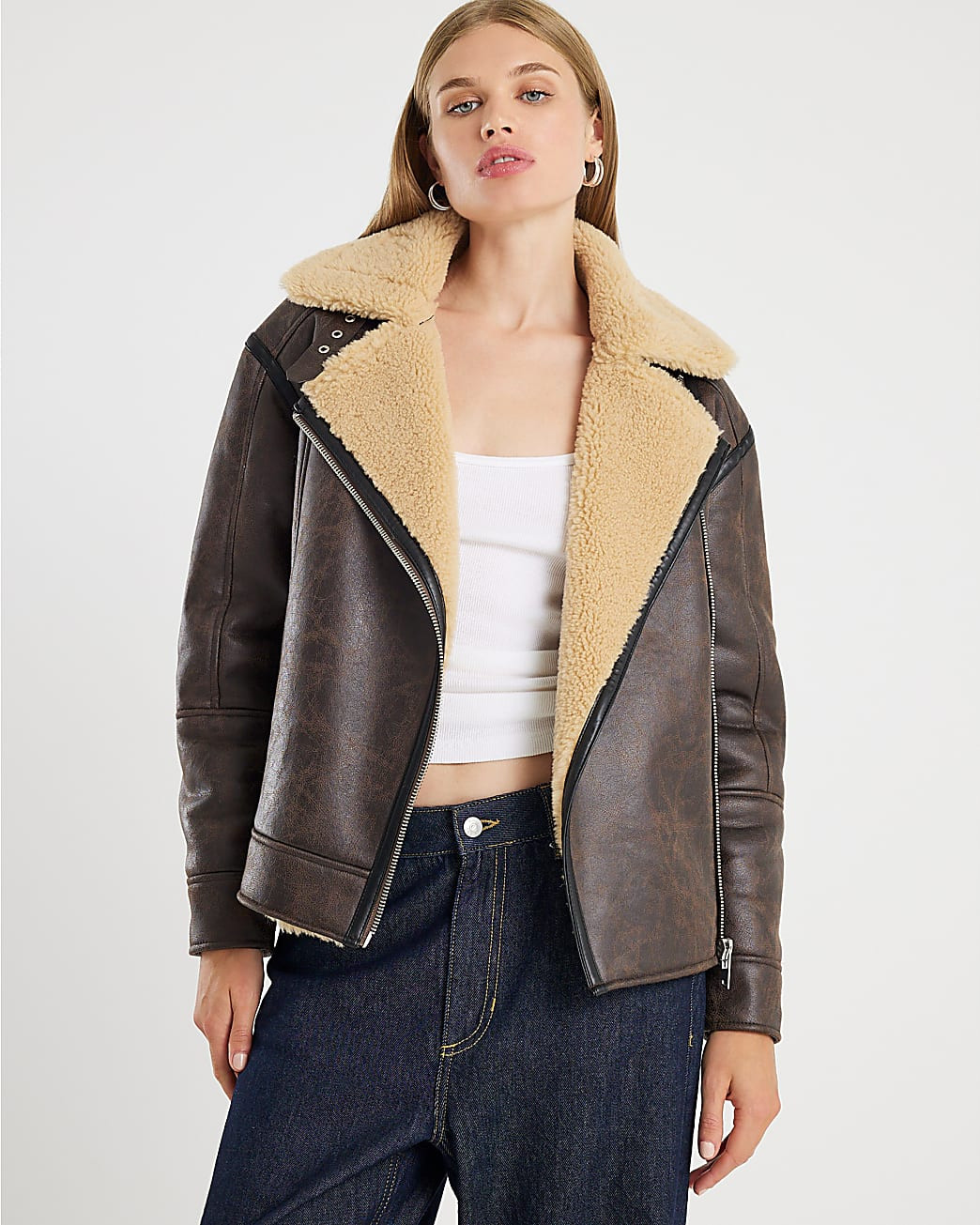 Brown Borg Lined Aviator Jacket | River Island UK & IE
