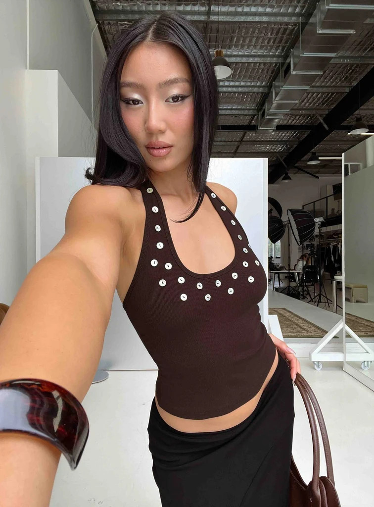 Renara Halter Ribbed Button Top Brown | Princess Polly US