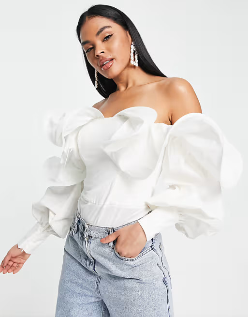 ASOS LUXE wire bardot poplin bodysuit in white | ASOS | ASOS (Global)