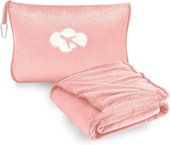 Travel Blanket and Pillow Compact, Premium Soft 2 in 1 Airplane Blanket with Soft Bag Pillowcase... | Amazon (US)