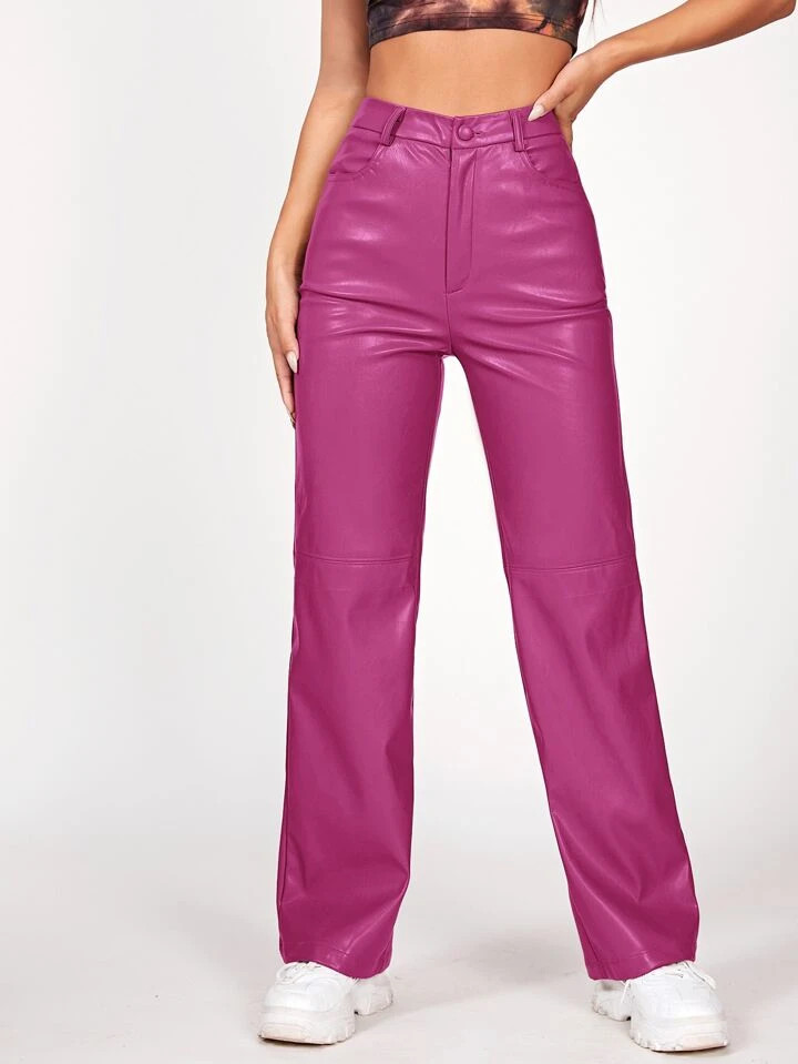 SHEIN PETITE Solid PU Leather Straight Leg Pants | SHEIN