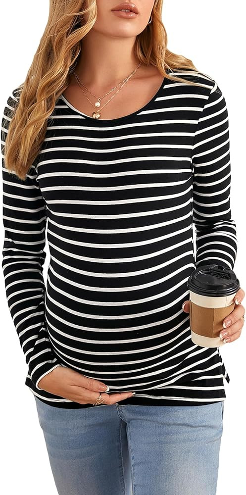 Floerns Women's Maternity Striped Print Long Sleeve Rib Knit Casual Tee Shirt | Amazon (US)