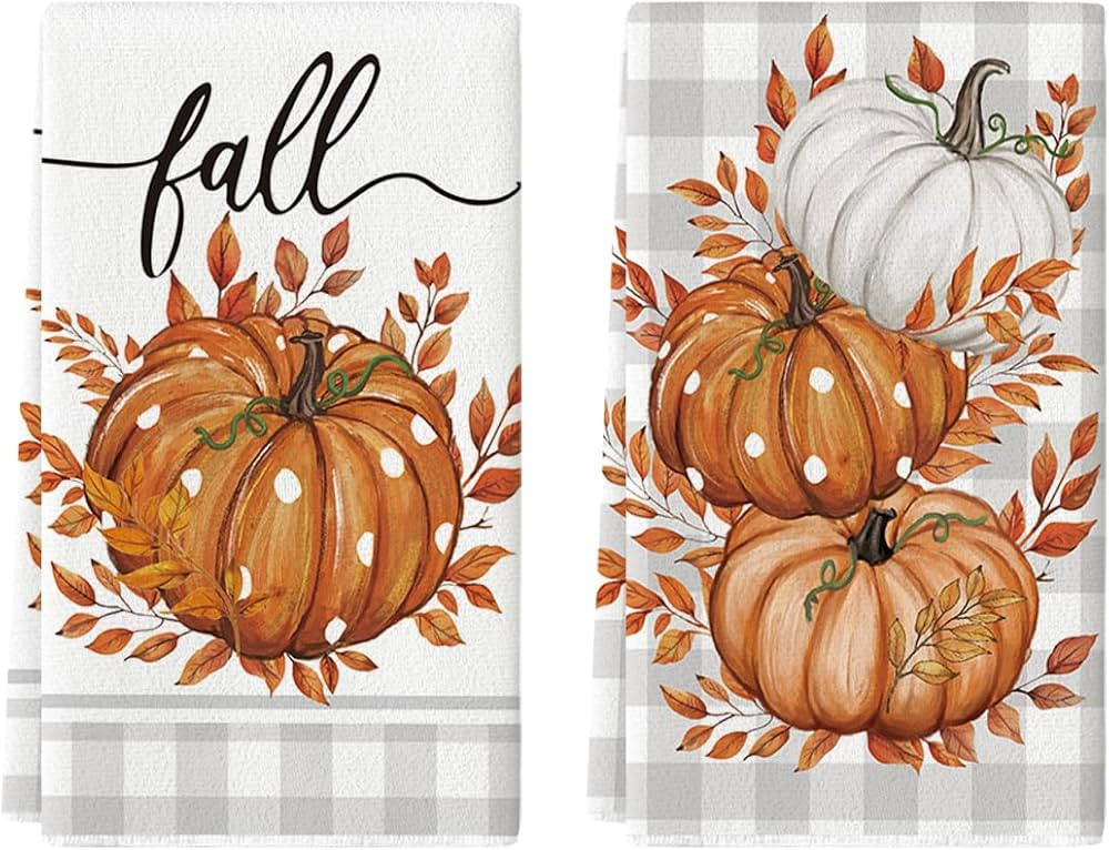 Artoid Mode Orange Buffalo Plaid Leaves Pumpkin Fall Kitchen Towels Dish Towels, 18x26 Inch Farmh... | Amazon (US)