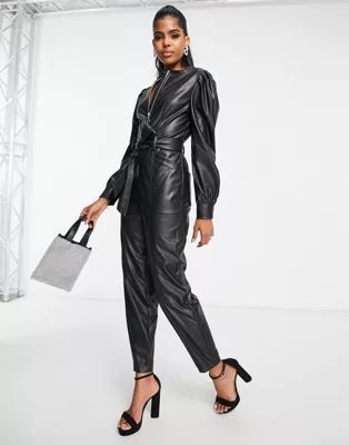 Miss Selfridge faux leather belted jumpsuit with zip detail in black | ASOS (Global)